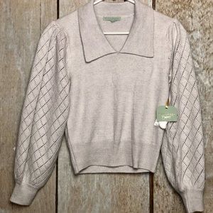 NWT Sweater crop puffy sleeves lace v neck collar, Ryegrass